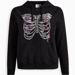 NWT Torrid Black Floral Embroidered Rib Cage Zipper Hoodie Sweatshirt 3 3X 22/24